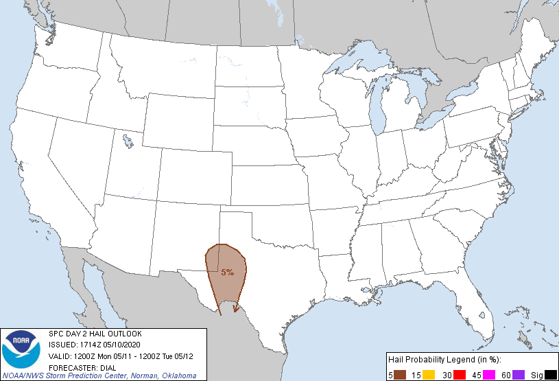 20200510 1730 UTC Day 2 Large Hail Probabilities Graphic