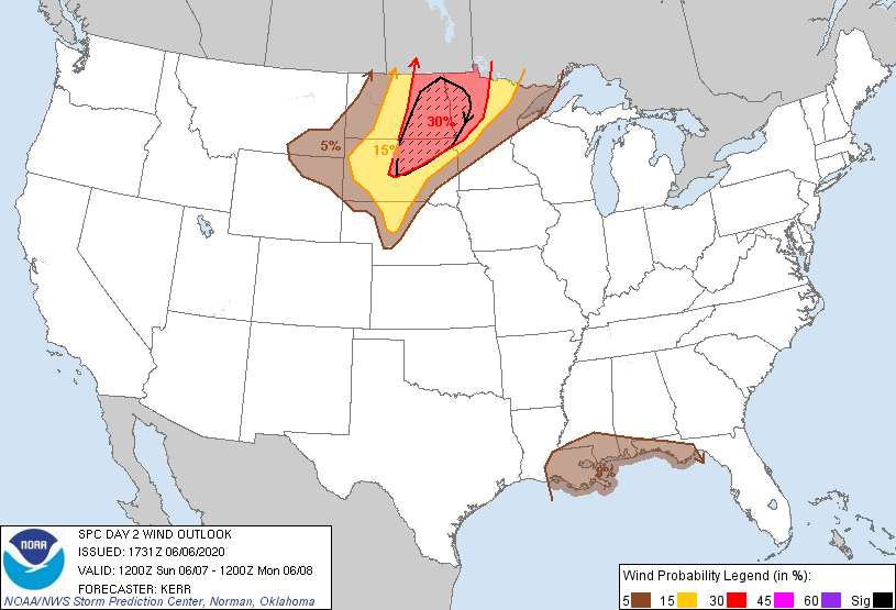 20200606 1730 UTC Day 2 Damaging Wind Probabilities Graphic