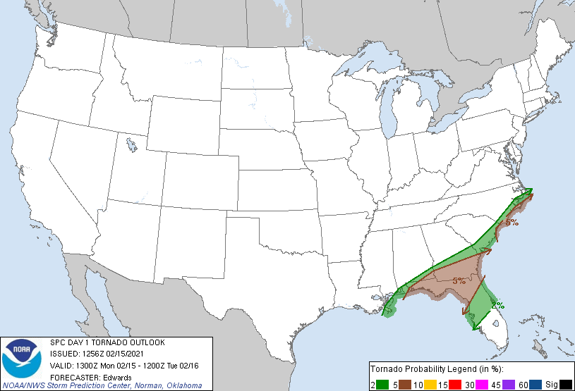 20210215 1300 UTC Day 1 Tornado Probabilities Graphic