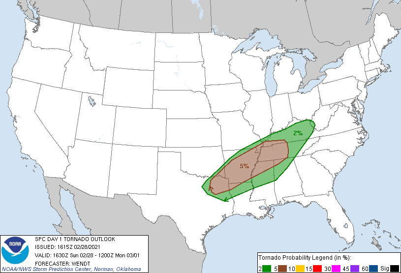 20210228 1630 UTC Day 1 Tornado Probabilities Graphic