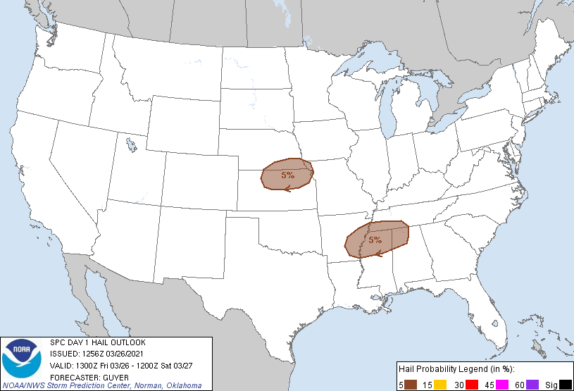 20210326 1300 UTC Day 1 Large Hail Probabilities Graphic