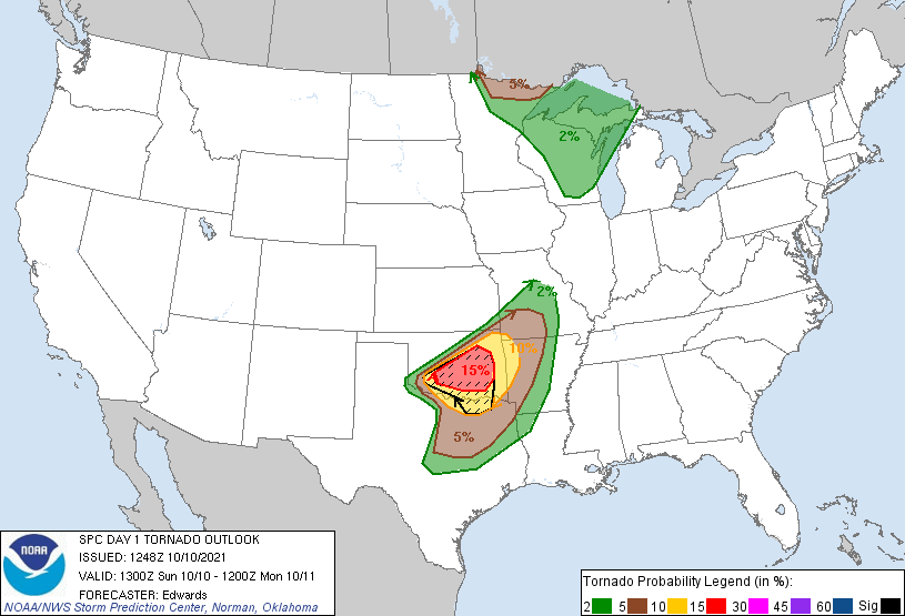 20211010 1300 UTC Day 1 Tornado Probabilities Graphic