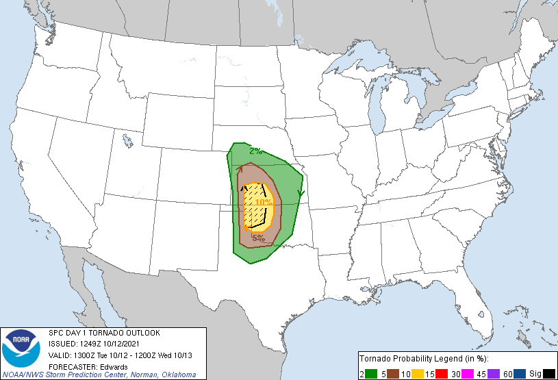 20211012 1300 UTC Day 1 Tornado Probabilities Graphic