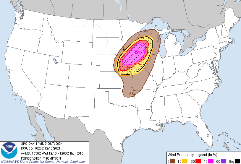 20211215 1630 UTC Day 1 Damaging Wind Probabilities Graphic