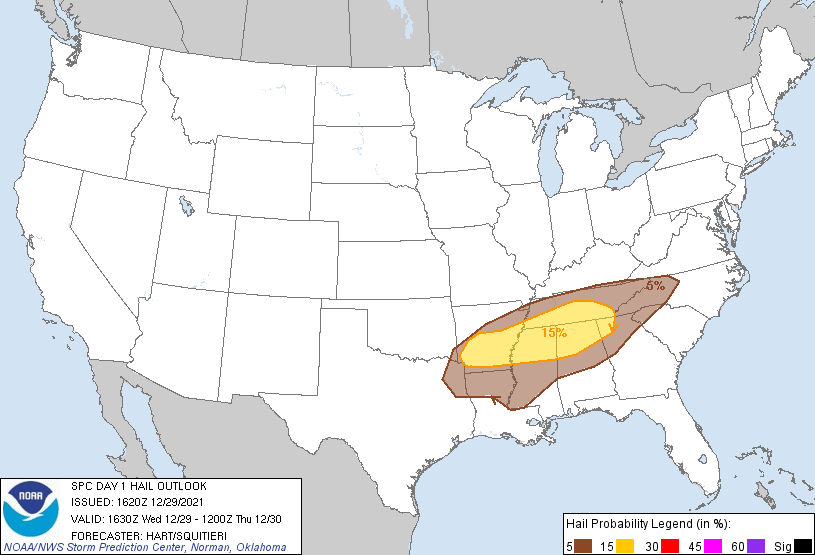 20211229 1630 UTC Day 1 Large Hail Probabilities Graphic