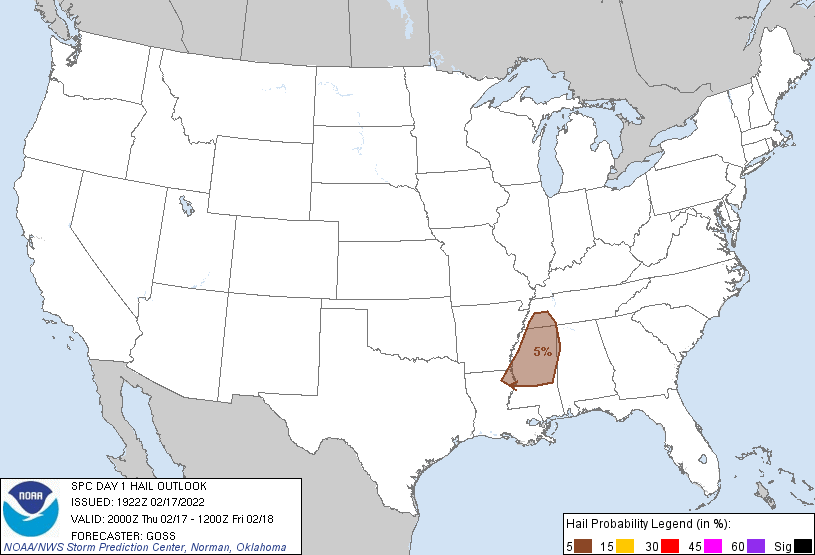 20220217 2000 UTC Day 1 Large Hail Probabilities Graphic
