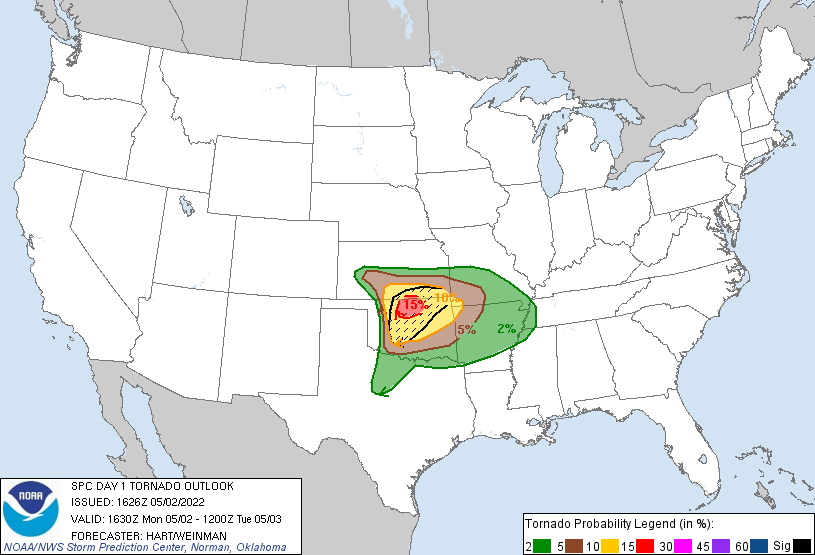 20220502 1630 UTC Day 1 Tornado Probabilities Graphic