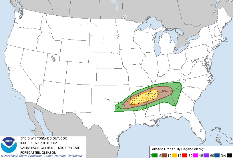20230301 1630 UTC Day 1 Tornado Probabilities Graphic
