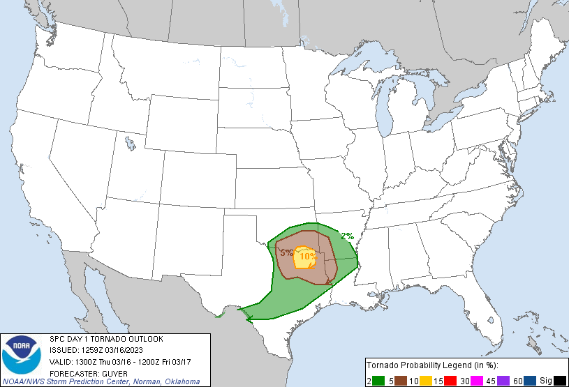 20230316 1300 UTC Day 1 Tornado Probabilities Graphic