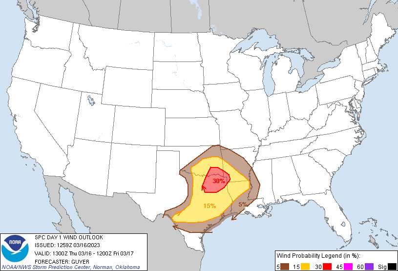 20230316 1300 UTC Day 1 Damaging Wind Probabilities Graphic