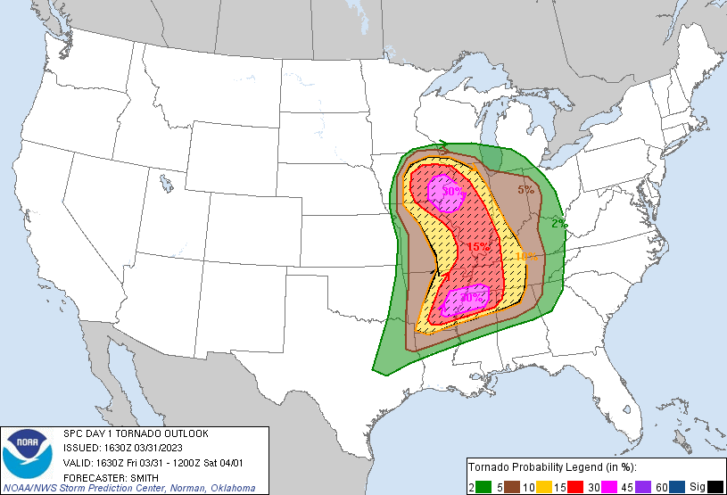 20230331 1630 UTC Day 1 Tornado Probabilities Graphic