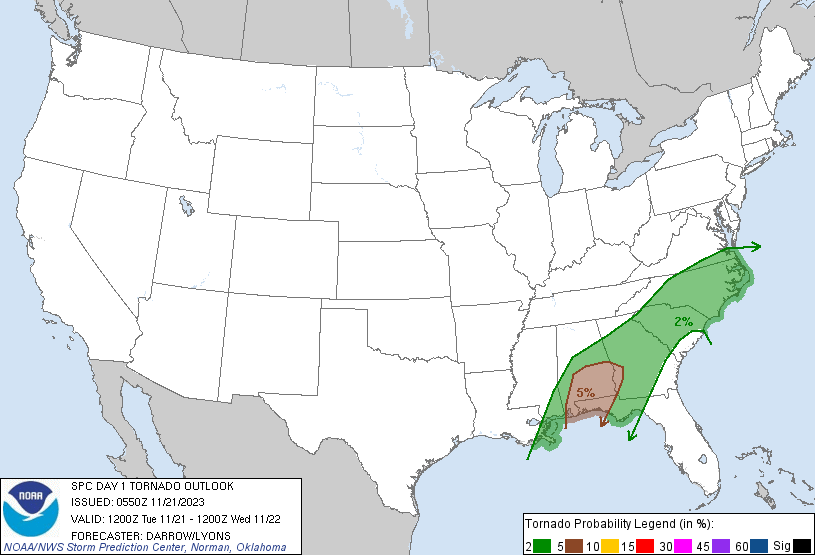 20231121 1200 UTC Day 1 Tornado Probabilities Graphic