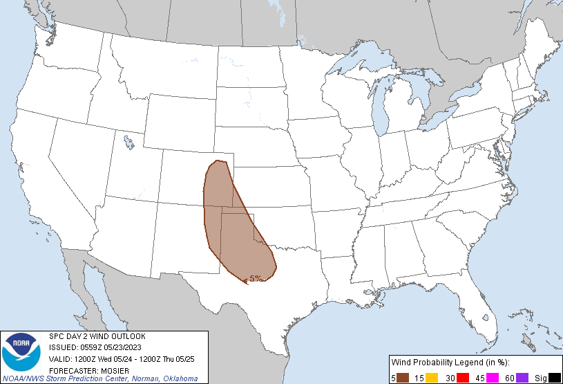 20230523 0600 UTC Day 2 Damaging Wind Probabilities Graphic