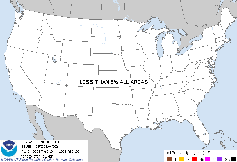 20240104 1300 UTC Day 1 Large Hail Probabilities Graphic