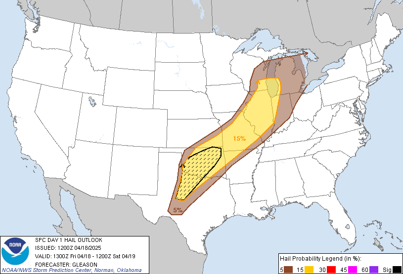 20250418 1300 UTC Day 1 Large Hail Probabilities Graphic