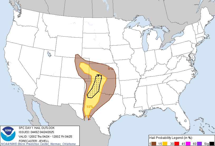 20190223 1200 UTC Day 1 Large Hail Probabilities Graphic