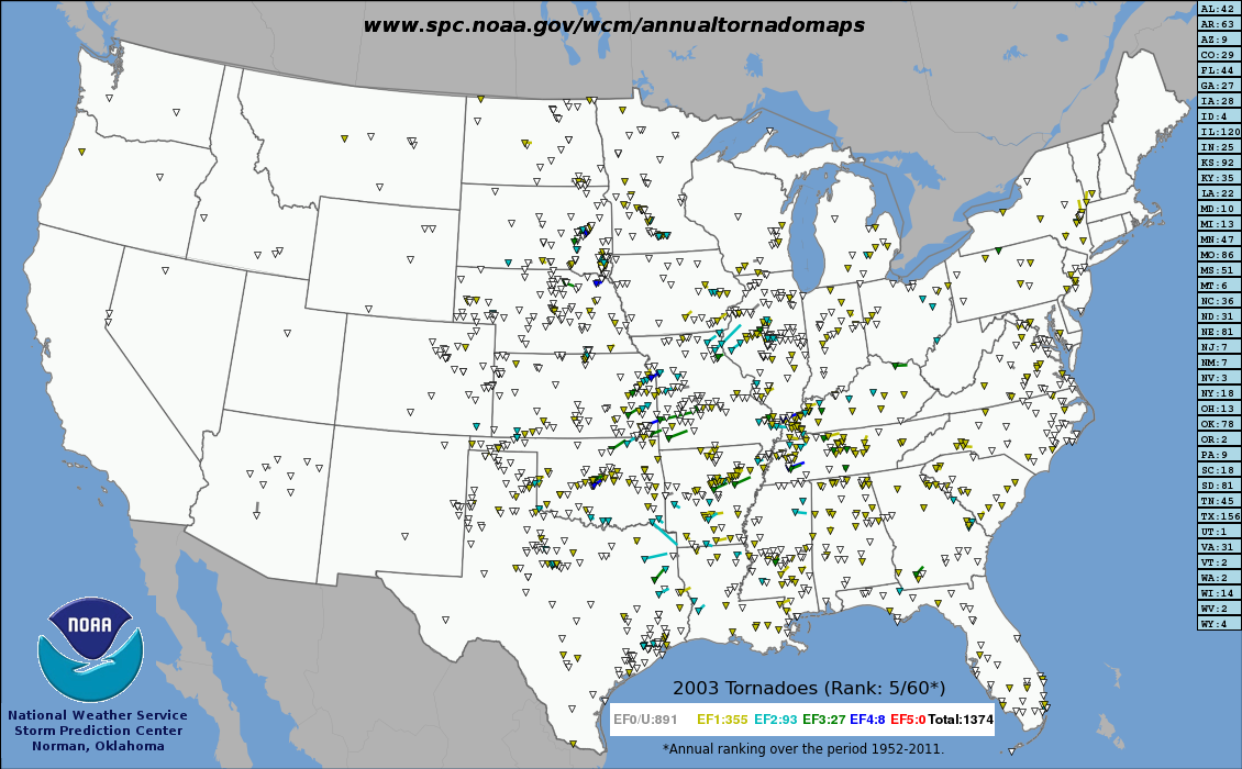 SPC Annual Tornado Maps 1952-2011