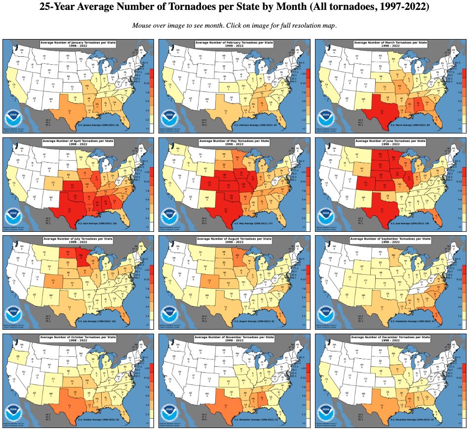 Maps of Average State Tornadoes per Month