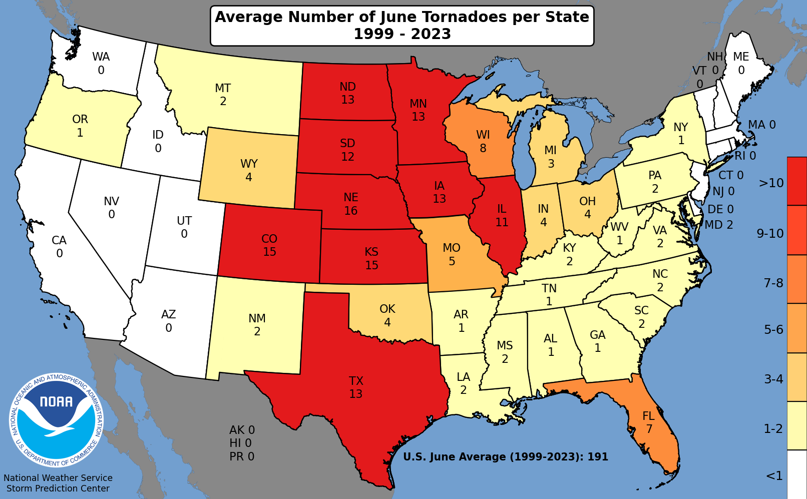 SPC Average Number of Tornadoes per State by Month